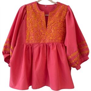 Embroidered Pink Tunic Top with Gold Stitching